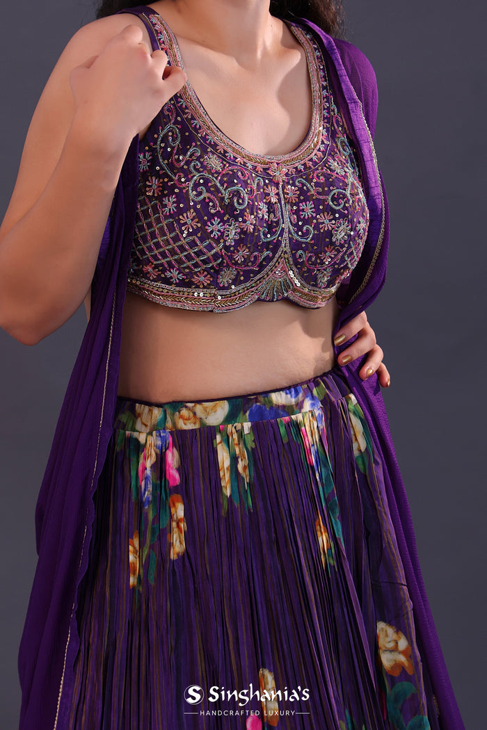 Deep Violet Chinon Floral Printed Lehenga Set
