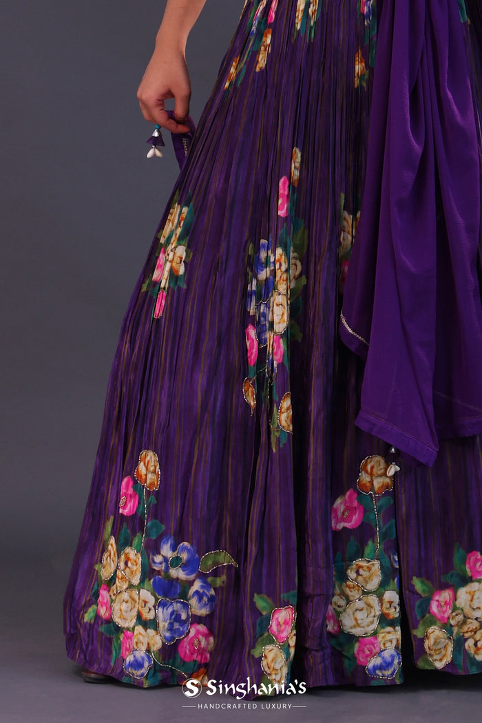 Deep Violet Chinon Floral Printed Lehenga Set