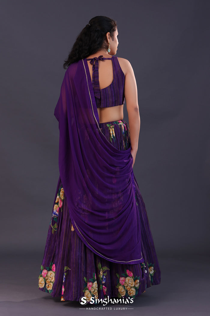 Deep Violet Chinon Floral Printed Lehenga Set
