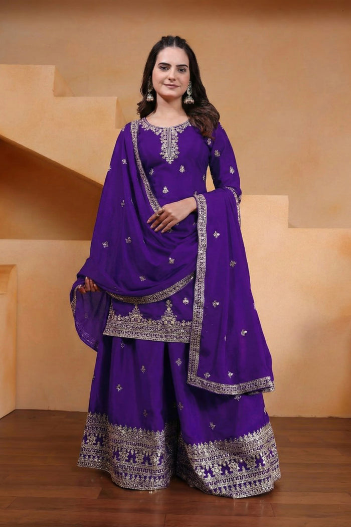 Deep Violet Silk Embroidered Sharara Set