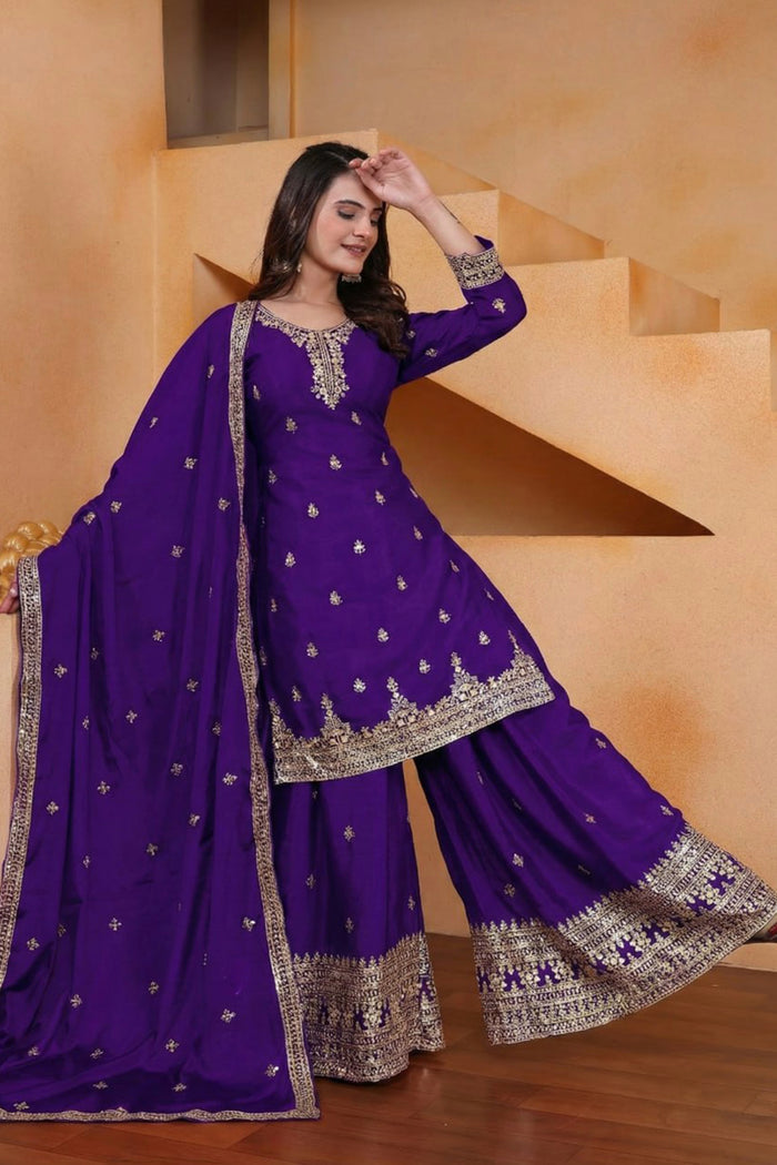 Deep Violet Silk Embroidered Sharara Set