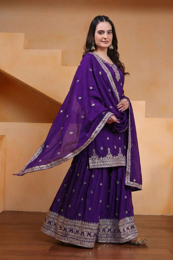 Deep Violet Silk Embroidered Sharara Set