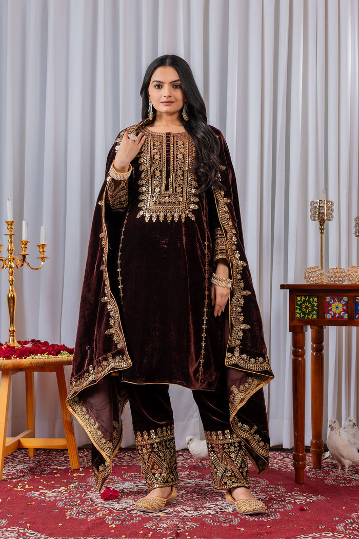 Deep Wine Velvet Embroidered Kurti Set