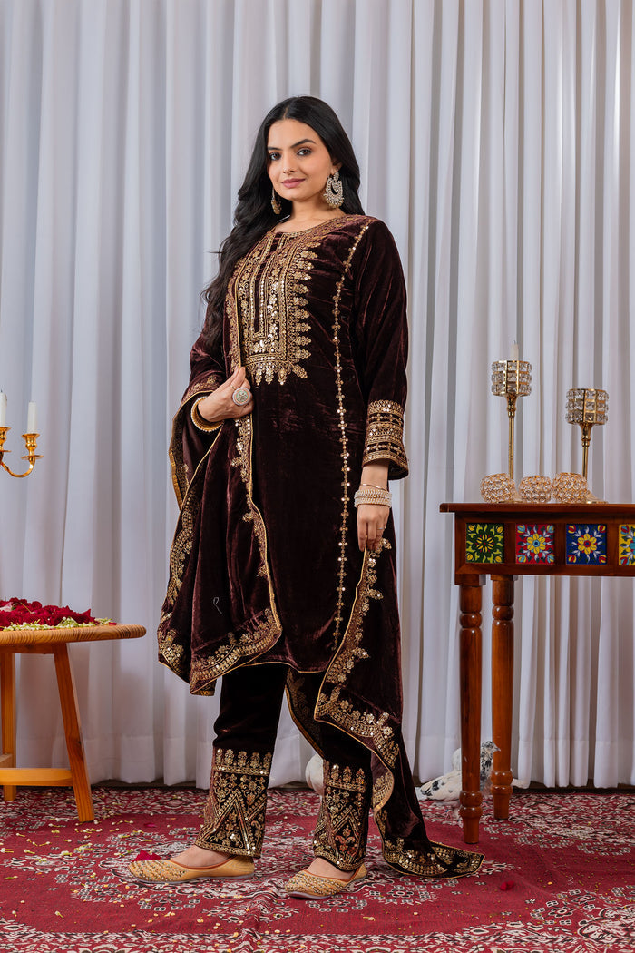 Deep Wine Velvet Embroidered Kurti Set