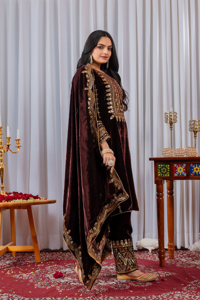 Deep Wine Velvet Embroidered Kurti Set