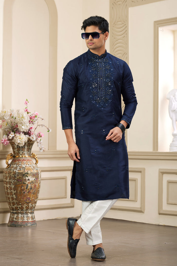 Denim Blue Art Banarasi Silk Kurta