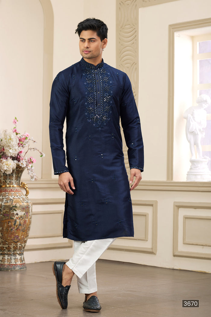 Denim Blue Art Banarasi Silk Kurta
