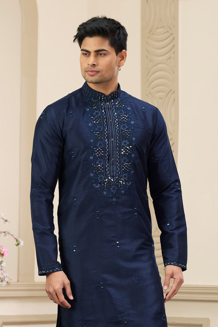 Denim Blue Art Banarasi Silk Kurta
