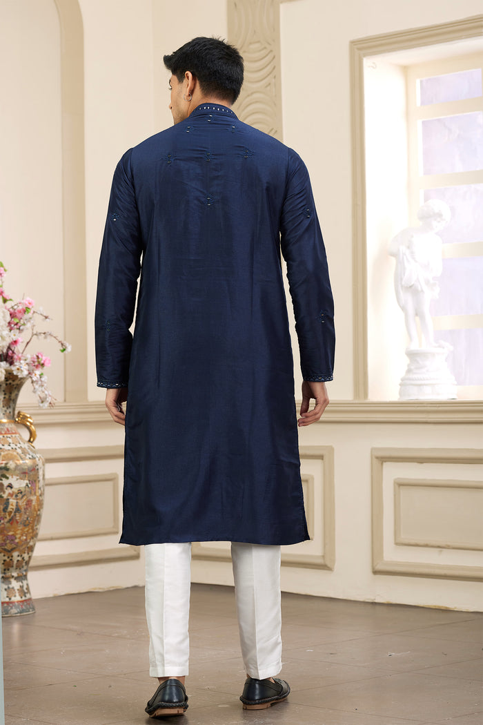 Denim Blue Art Banarasi Silk Kurta