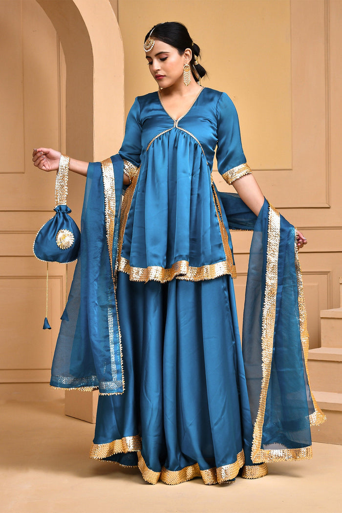 <img> Denim Blue Satin Lehenga Set