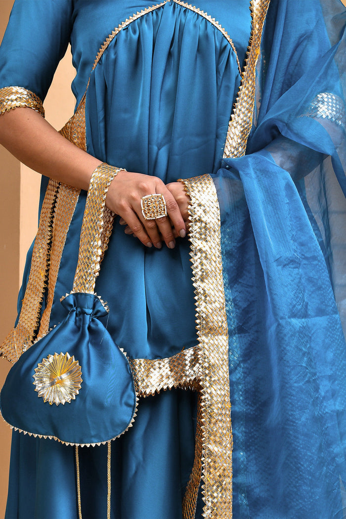 <img> Denim Blue Satin Lehenga Set