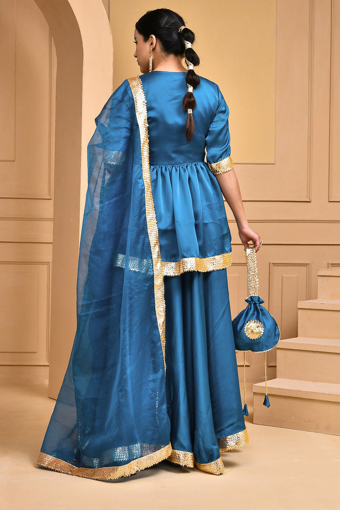 <img> Denim Blue Satin Lehenga Set