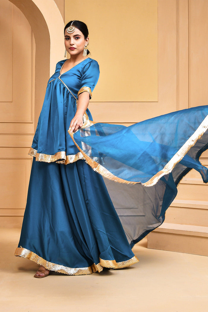 <img> Denim Blue Satin Lehenga Set