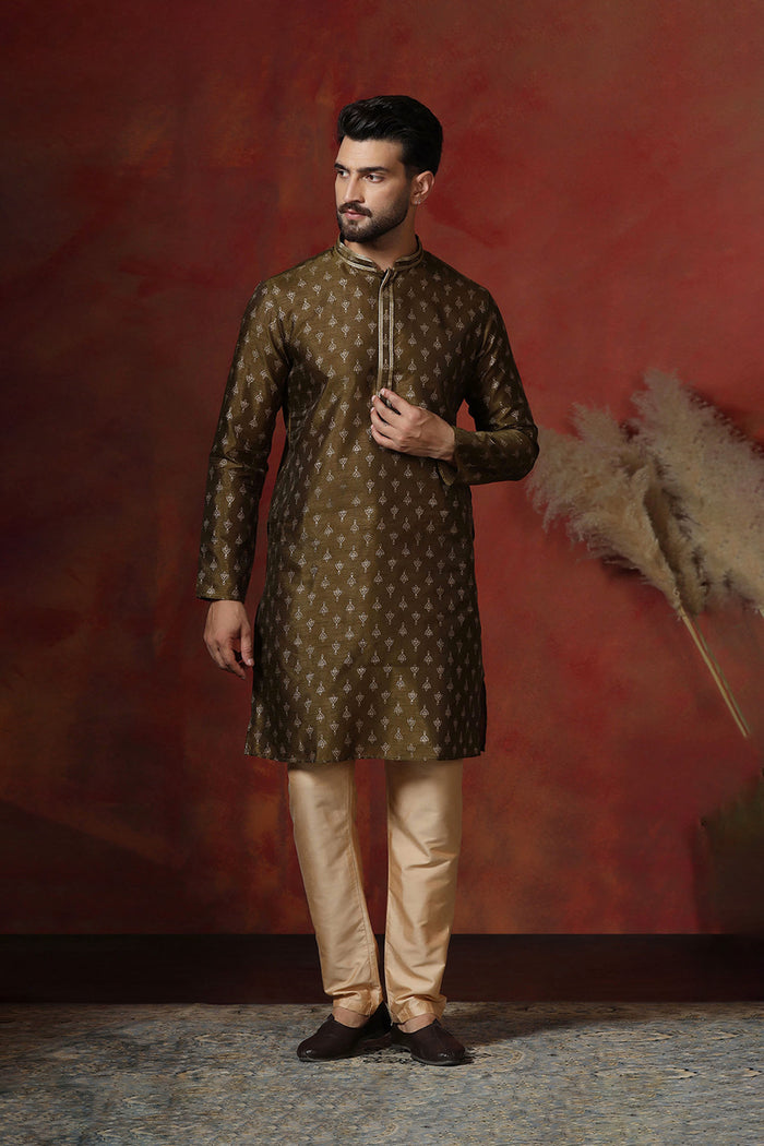 Dirt Brown Dupion Printed Kurta Set