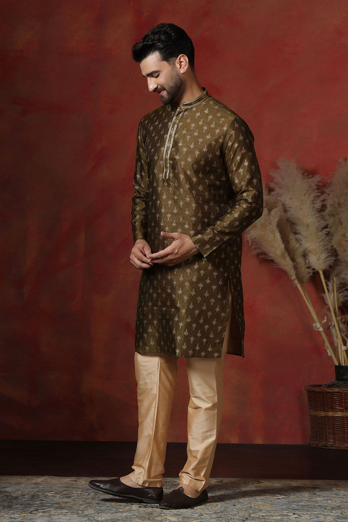 Dirt Brown Dupion Printed Kurta Set