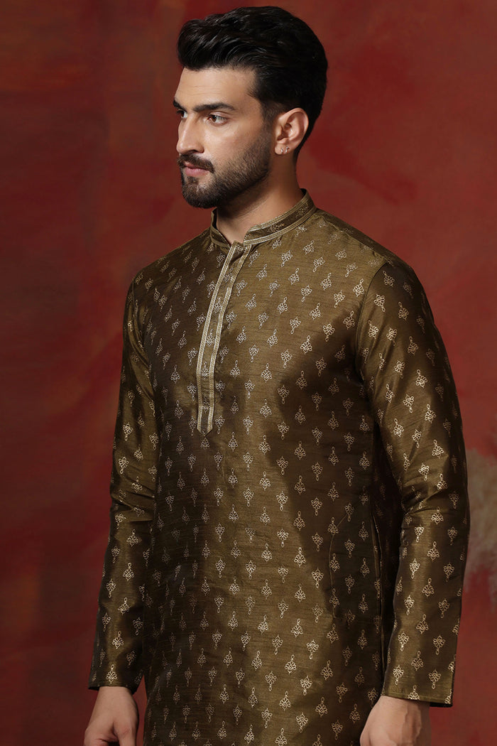 Dirt Brown Dupion Printed Kurta Set