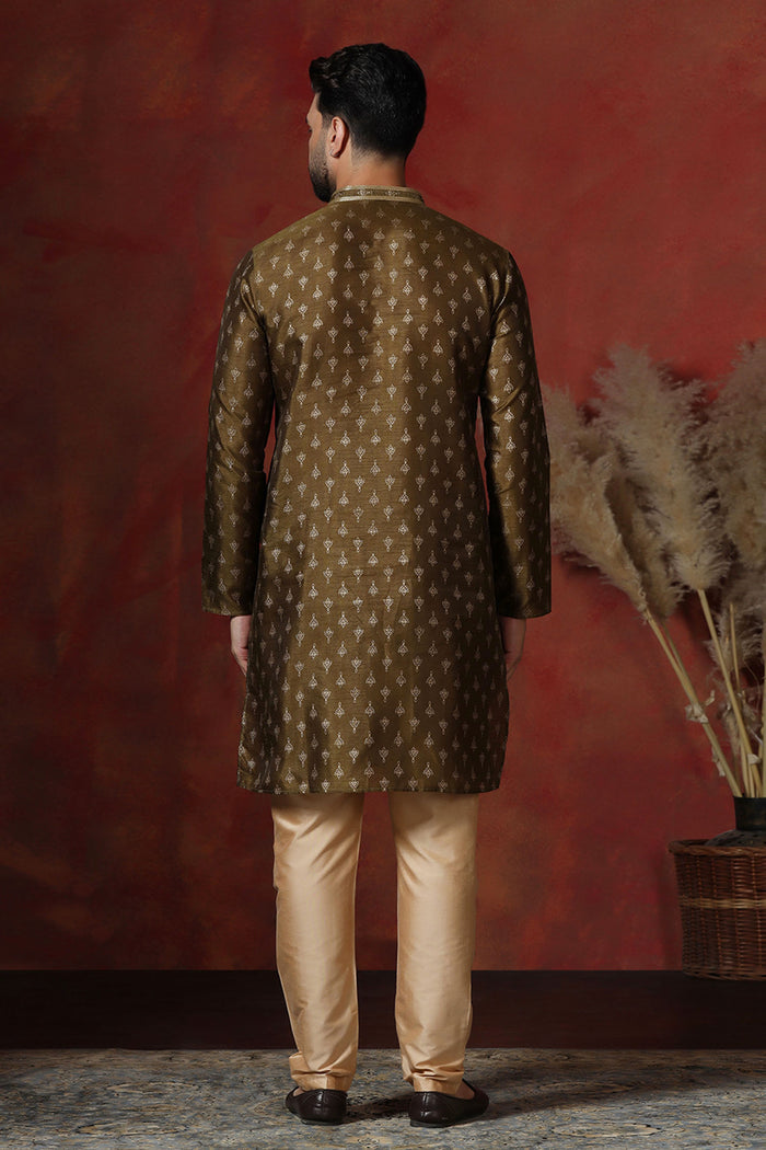 Dirt Brown Dupion Printed Kurta Set