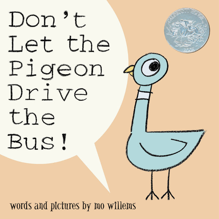 Book cover of 'Don't Let the Pigeon Drive the Bus!' with a cartoon pigeon and text on a beige background.