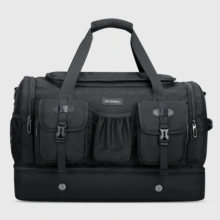 Double-Layer Duffel Bag Modern Split-Level Design with Bottom Shoe Compartment, three-quarter exterior angle