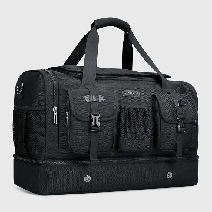 Double-Layer Duffel Bag Modern Split-Level Design with Bottom Shoe Compartment, front exterior and overall shape