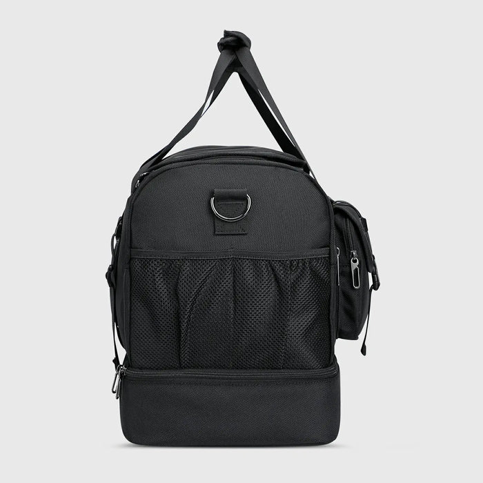 Double-Layer Duffel Bag Modern Split-Level Design with Bottom Shoe Compartment, side profile and travel size