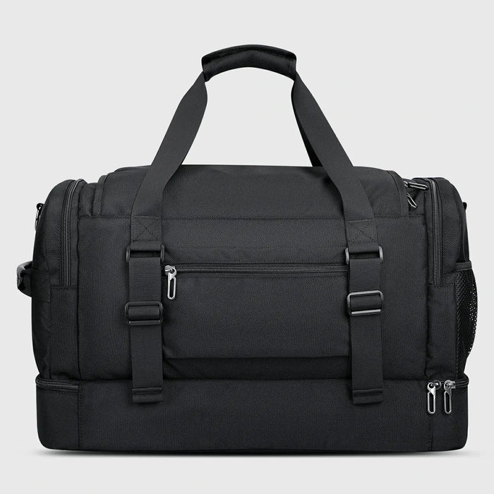 Double-Layer Duffel Bag Modern Split-Level Design with Bottom Shoe Compartment, carry handles and shoulder strap