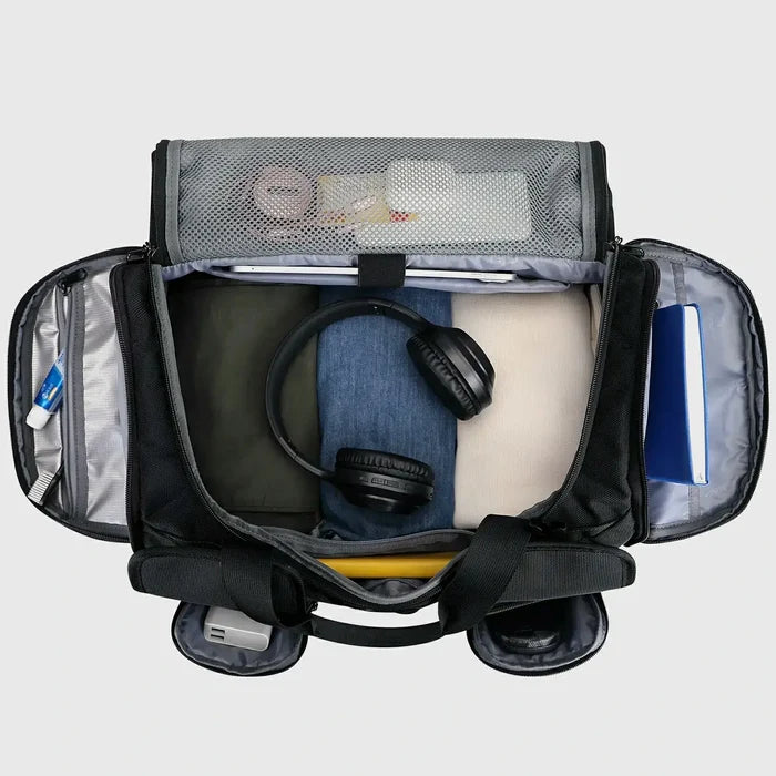 Double-Layer Duffel Bag Modern Split-Level Design with Bottom Shoe Compartment, main compartment opened for packing