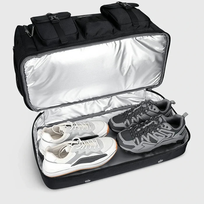 Double-Layer Duffel Bag Modern Split-Level Design with Bottom Shoe Compartment, shoe compartment or lower pocket detail