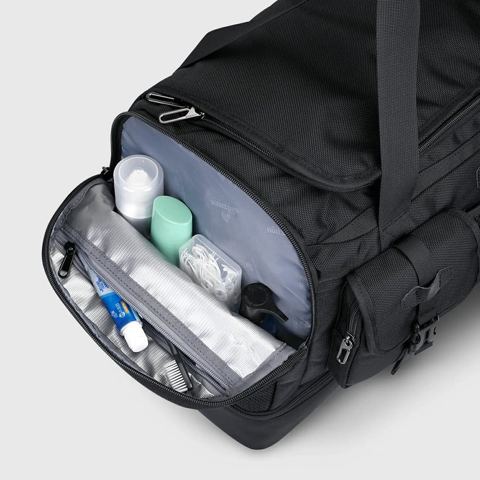 Double-Layer Duffel Bag Modern Split-Level Design with Bottom Shoe Compartment, side pocket layout
