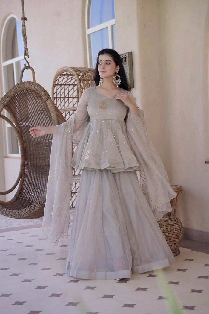 Dove Grey Peplum Set With Gold Motifs