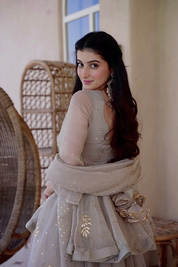 Dove Grey Peplum Set With Gold Motifs