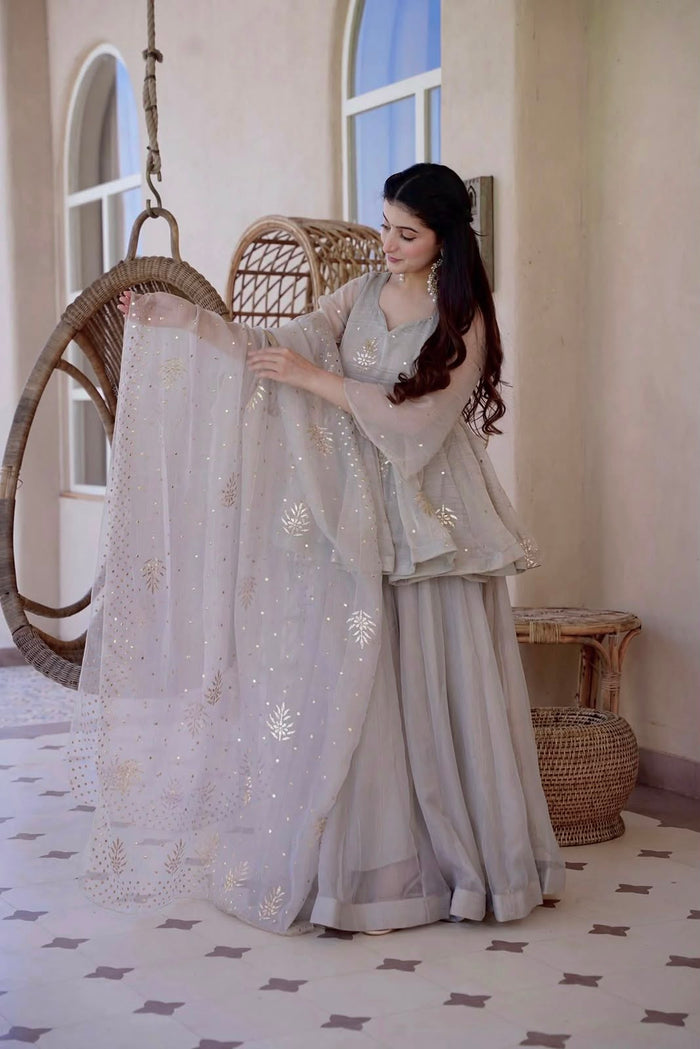 Dove Grey Peplum Set With Gold Motifs