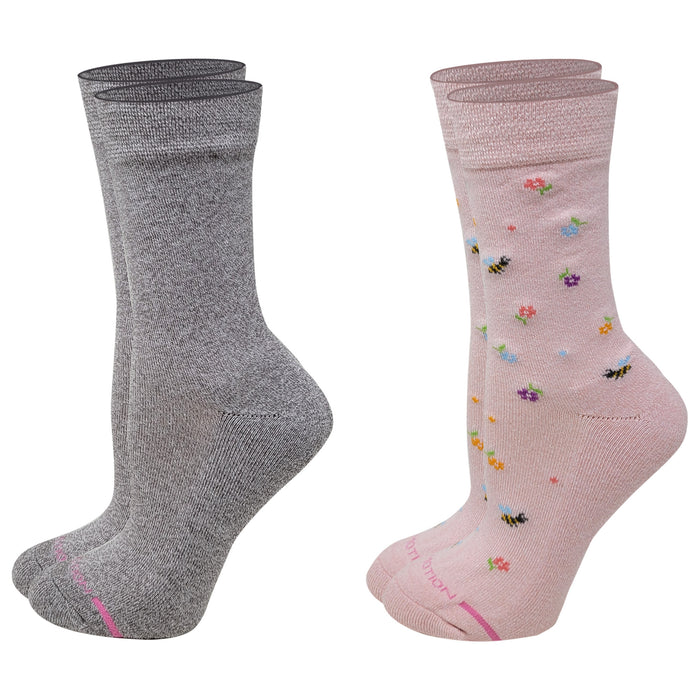 Dr. Motion Women's Diabetic Crew Socks |Pink Bees and Flowers-2 PK