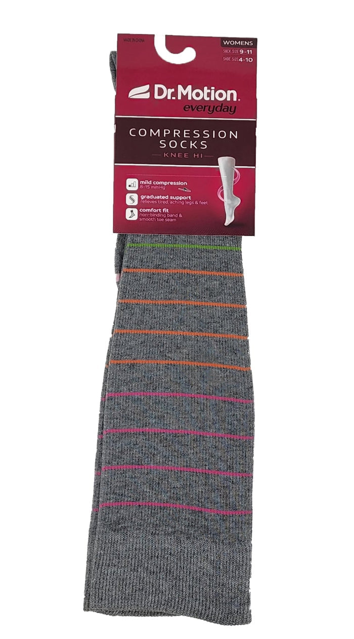 Gray compression sock with colorful stripes on a white background, featuring Dr. Motion packaging.