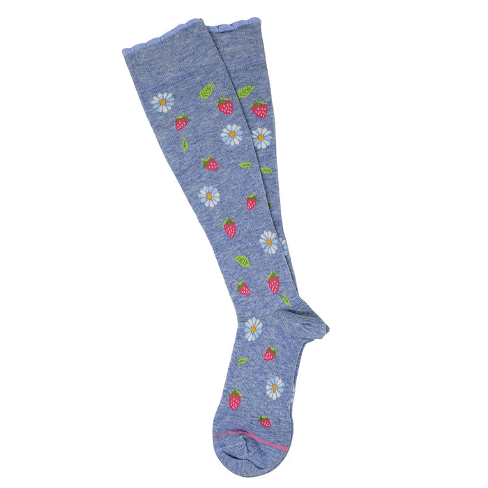 Dr. Motion Blue knee-high socks with strawberry and flower patterns on a white background