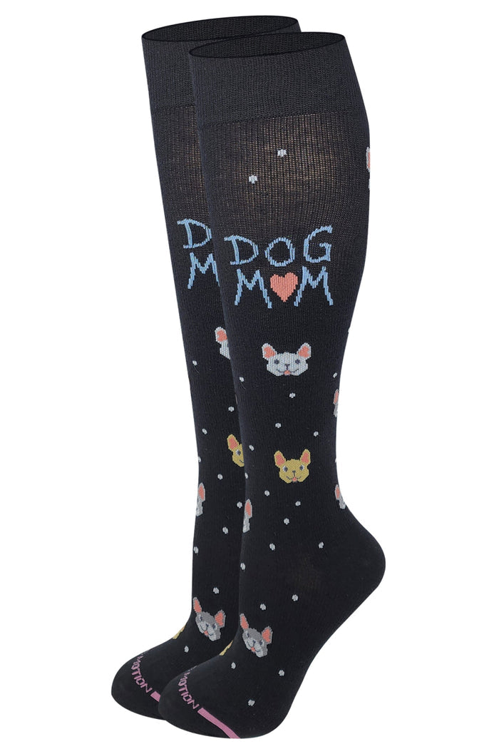 Dr. Motion women’s knee-high compression socks with Dog Mom design, mild 8–15 mmHg support
