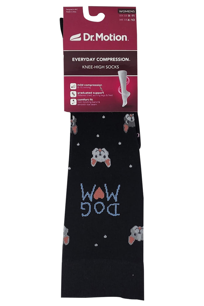 Black knee-high socks with cartoon designs and 'Dr. Motion' packaging on a white background