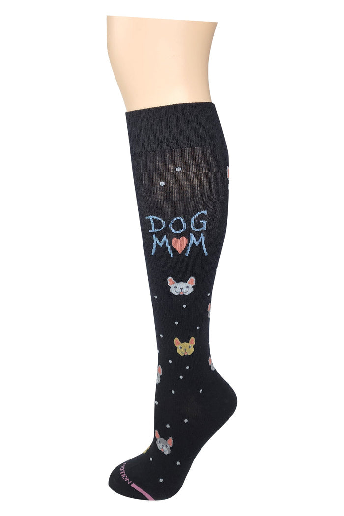Black dr motion knee-high sock with 'DOG MOM' text and dog illustrations on a white background