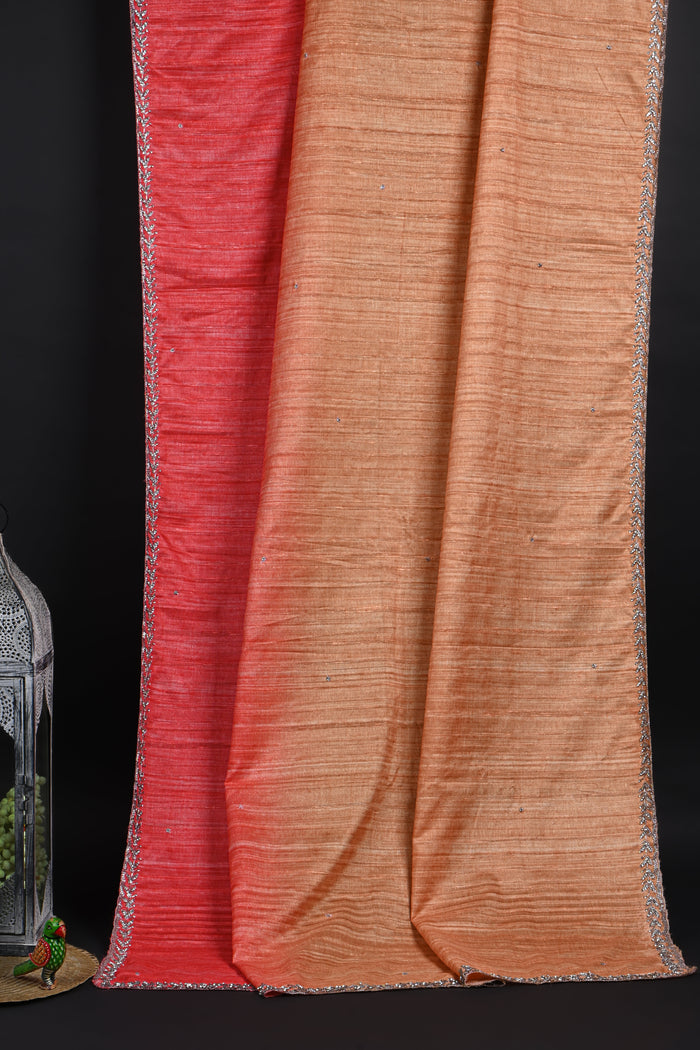 Dual Shade Pink Embroidered Dupion Silk Saree