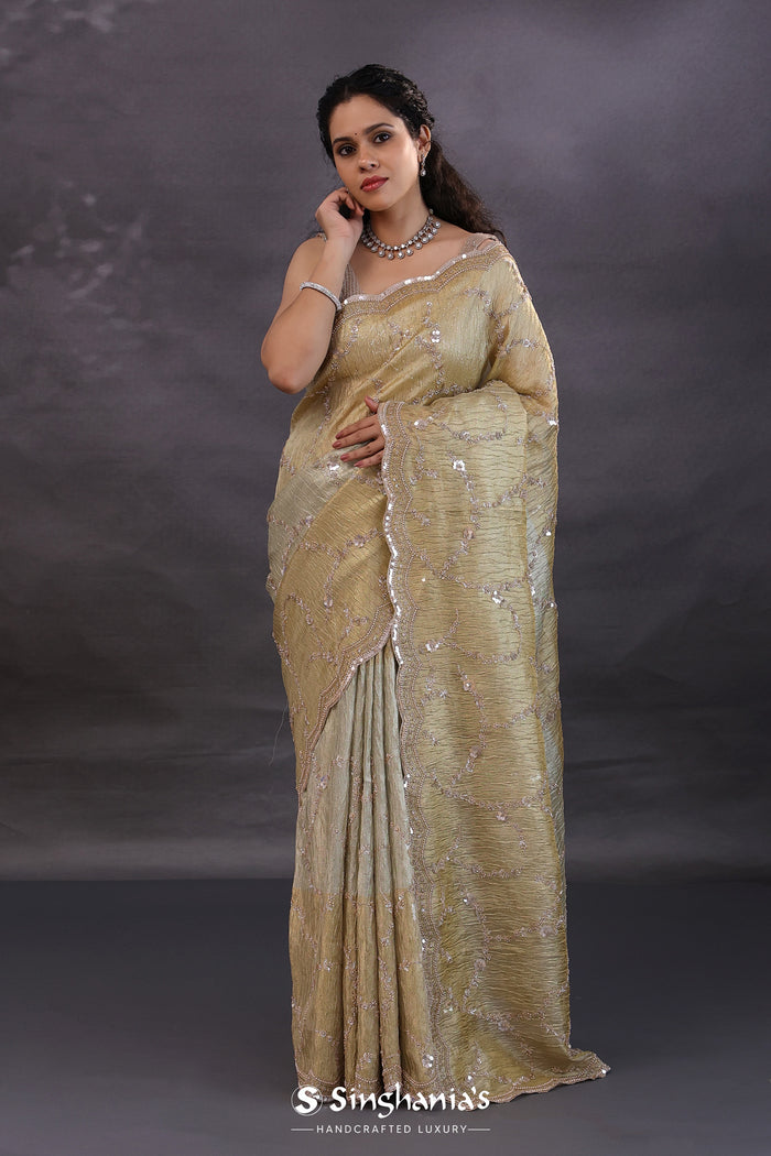 Dual Shade Tissue Fancy Saree With Floral Embroidery