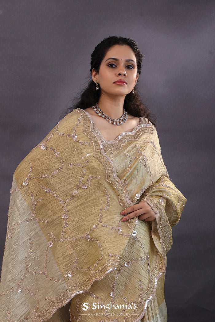 Dual Shade Tissue Fancy Saree With Floral Embroidery