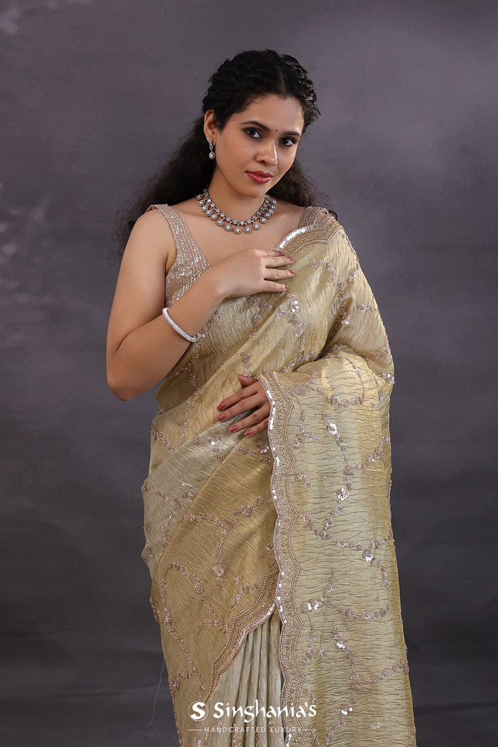 Dual Shade Tissue Fancy Saree With Floral Embroidery