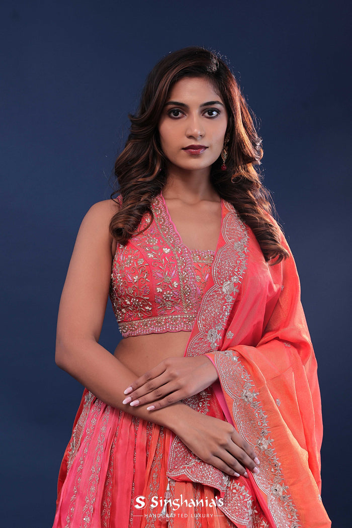 <img> Dual Shades Chinon Lehenga Set With Silk Dupatta