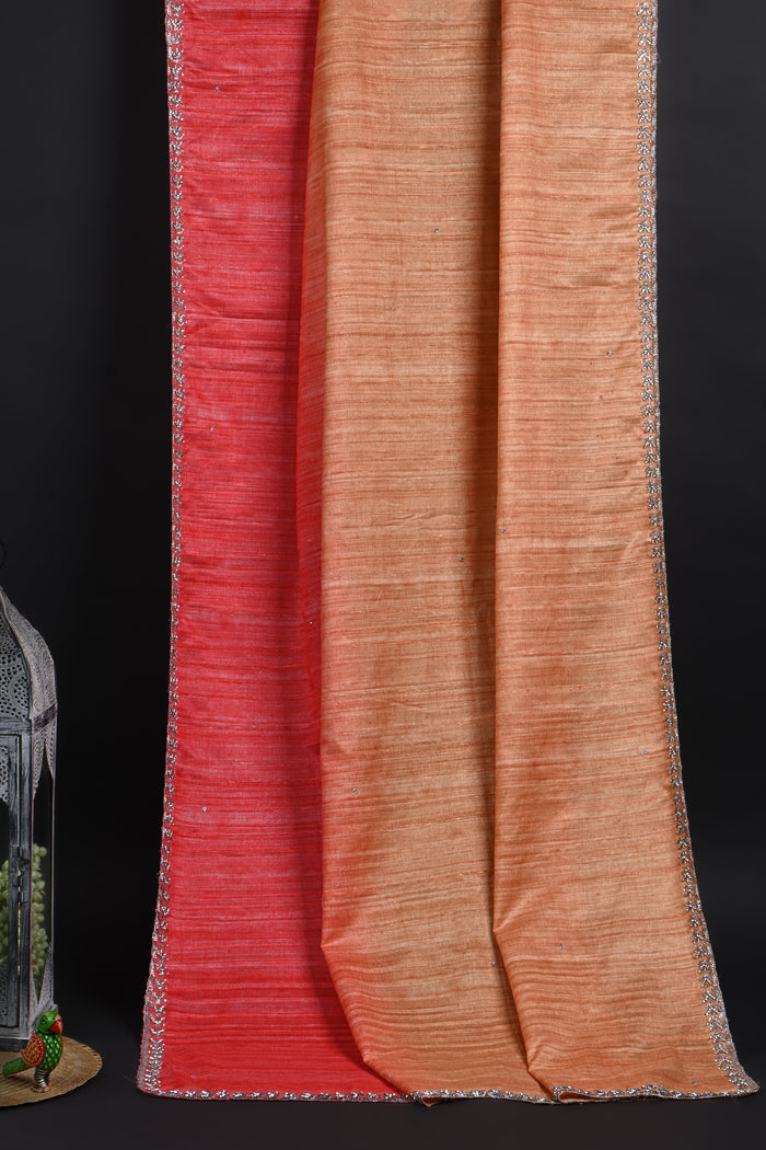 Dual Tone Pink Embroidered Dupion Silk Saree