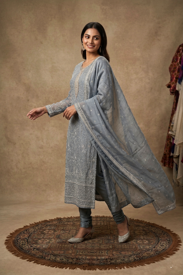Dull Blue Tissue Silk Embroidered Kurta Set