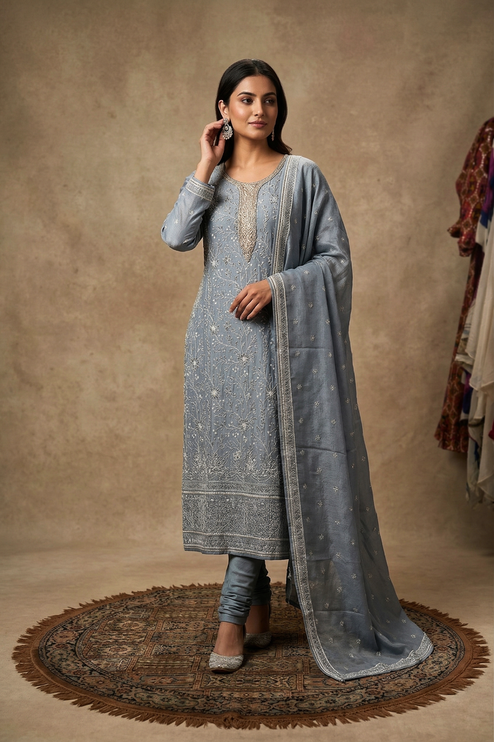 Dull Blue Tissue Silk Embroidered Kurta Set