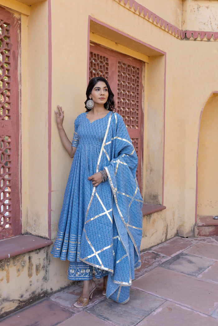 Dusty Blue Mirror-Trail Anarkali Set