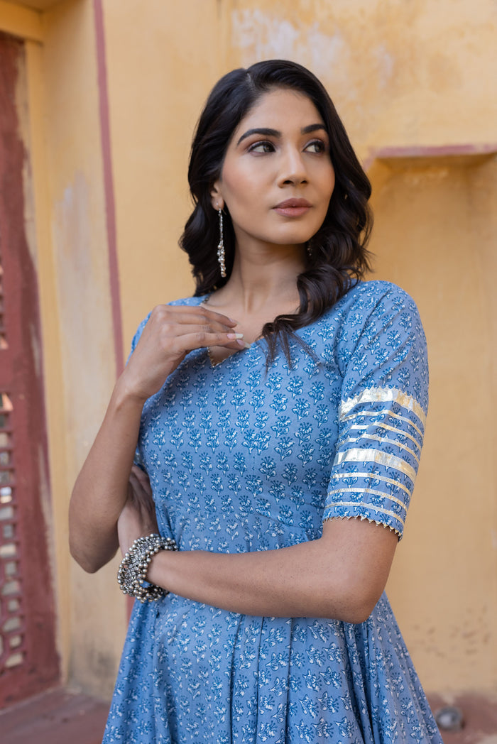 Dusty Blue Mirror-Trail Anarkali Set