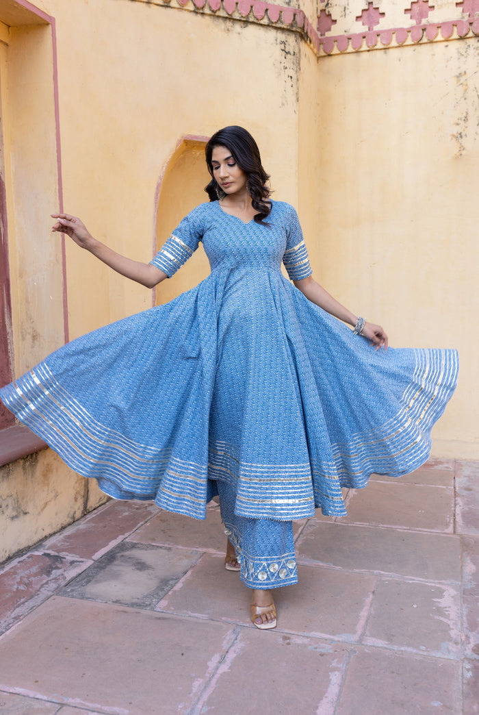 Dusty Blue Mirror-Trail Anarkali Set