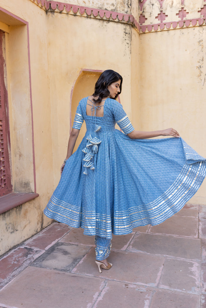 Dusty Blue Mirror-Trail Anarkali Set
